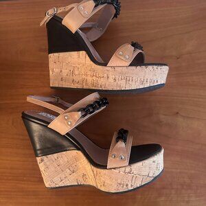 Pancaldi tan leather and black wedge sandals with chain embellishment. Size 7.5M